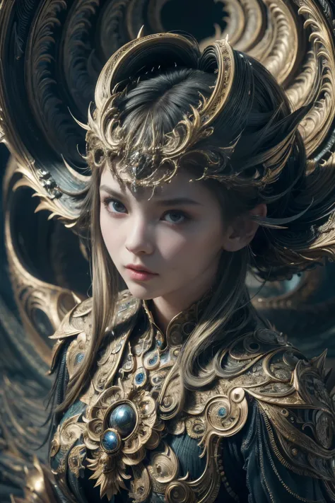 (high quality), (masterpiece), (detailed), 8K, Hyper-realistic portrayal of a futuristic (1girl1.2), Japanese character within a mandelbulb-inspired environment with demonic elements. Meticulous details capture the seamless blend of tradition and innovatio...