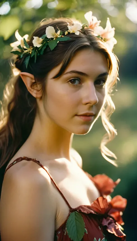 analog film photo, photo of a young girl, 18 years-old, (hibiscus-covered dress:1.1), elf, elf ears, long pointy ear tips, brown eyes, messy ponytail, light-brown sun-tanned skin, pretty, natural beauty, resembles a young Mary Elizabeth Winstead, humid day...