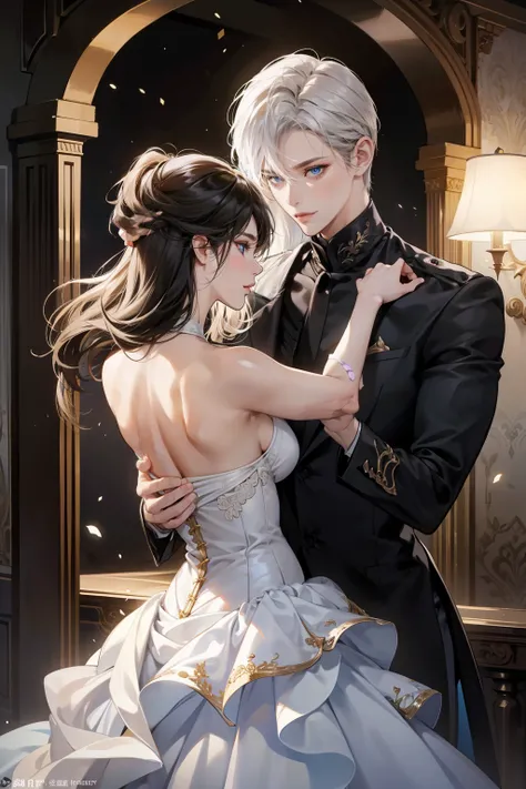 Male and Female: Two individuals, each distinctive and captivating, engaged in an intimate dance within the grandeur of a castle. The female, with wavy light hair cascading down her back, contrasts elegantly against the dark, sleek tresses of her partner. ...