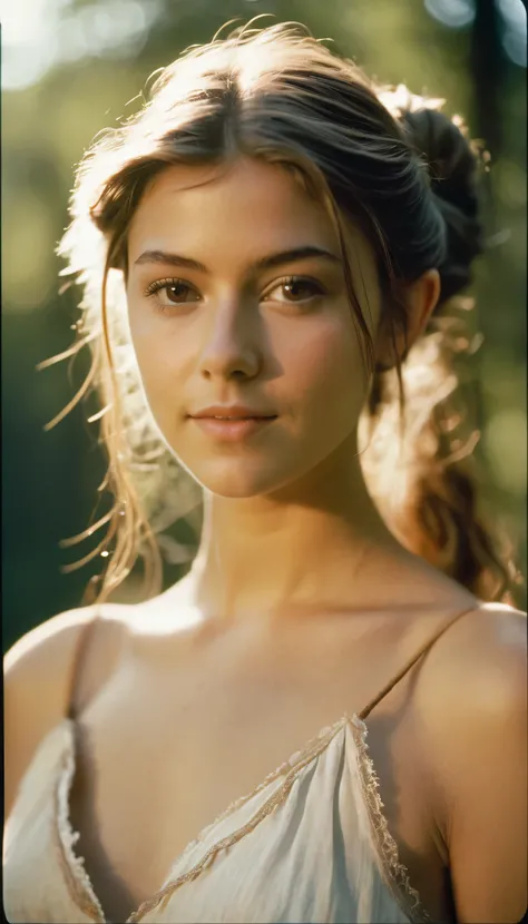 analog film photo, photo of a young girl, 18 years-old, (linen dress:1.1), elf, elf ears, long pointy ear tips, brown eyes, messy ponytail, light-brown sun-tanned skin, pretty, natural beauty, resembles a young Mary Elizabeth Winstead, humid day, elven for...