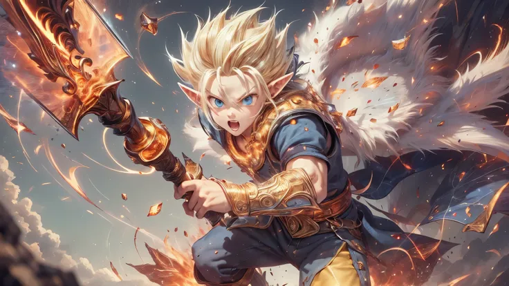 (masterpiece), 8k, best quality, full body, elf boy, naive, male, teenager, 14 years old, white skin, slim body, pointed elf ears, beautiful finely detailed silver eyes, high forehead, hair yellow blonde spiky like Gohan from the anime dragon ball (super s...