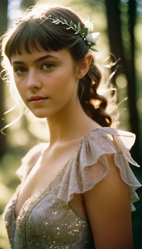 analog film photo, photo of a young girl, 18 years-old, (sheer dress:1.1), elf, elf ears, long pointy ear tips, brown eyes, messy ponytail, light-brown sun-tanned skin, pretty, natural beauty, resembles a young Mary Elizabeth Winstead, humid day, elven for...