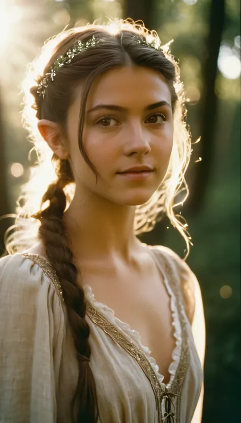 analog film photo, photo of a young girl, 18 years-old, (linen dress:1.1), elf, elf ears, long pointy ear tips, brown eyes, messy ponytail, light-brown sun-tanned skin, pretty, natural beauty, resembles a young Mary Elizabeth Winstead, humid day, elven for...