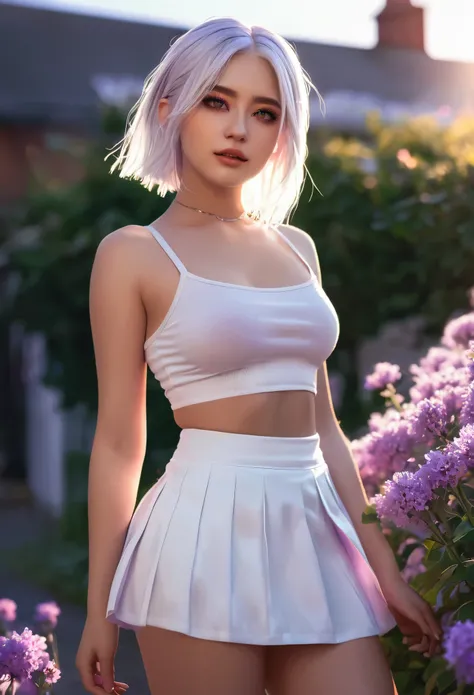 realistic, 1girl, white hair, purple eyes, glowing eyes, crop top, skirt, parted lips, blush, night, flowers, sun, sunlight, naked