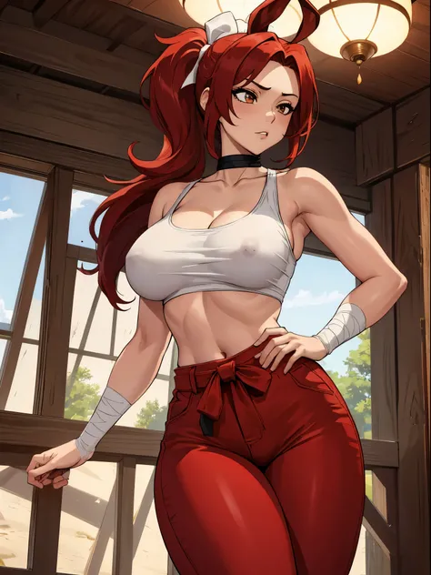 Masterpiece, Best Quality, hight resolution, fairytale, 1girl, hairlong, red hair, pony tail, white ribbon, hair above one eye, Brown eyes, large breasts, clavicle, Huge-breasts, Sarashis chest, bandage, bare arms, midriff, Red Hakama, wide thighs, big but...