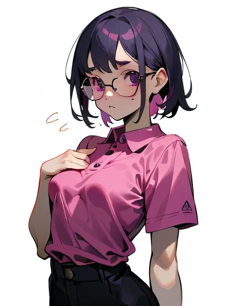 40 generations, light magenta polo shirt, No bra, lower body, Japanese, very short, no pubic hair, small breasts, Shyness, embarrassment, trouble, beautiful, Glasses 