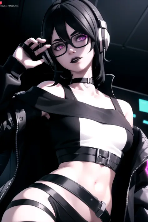 1girl, black hair,, glasses, goth, choker, 3d render, white shirt, off shoulder, cyberpunk, neon lights, opalescent, horror_(theme), headphones, belts on crop top