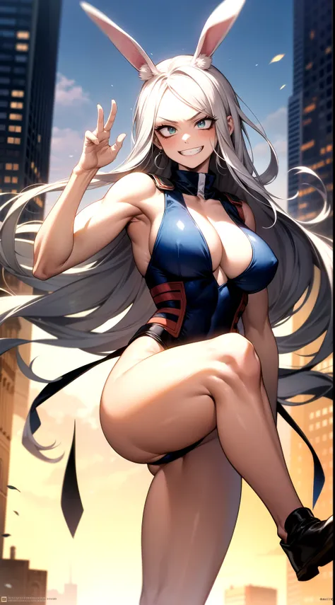 High quality, best rendering), (Beautiful Woman, Mirko, My Hero Academia), muscular body, thick muscular legs, big breasts, silver hair, long straight hair, Sanpaku eyes, ears become long rabbit ears, elaborate hair, around the city, one leg raised and kic...