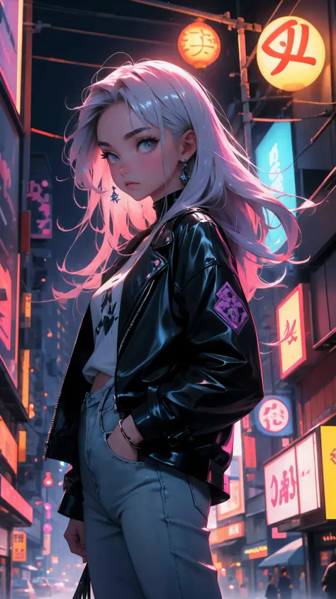 graceful young woman of East Asian descent standing in a foggy evening street. Her long, straight hair flowing over her shoulders, lavender hair. She wears black leather jacket, lavender t-shirt, blue jeans. The street is in an Asian city setting, noticeab...