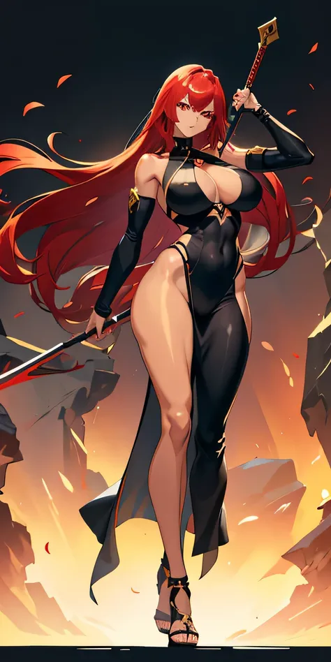 ((mulher em estilo anime)), trabalho de arte, Melhor qualidade, bem detalhado, ((tall woman with defined muscles over large breasts and buttocks)), sozinho, imagem de corpo inteiro, cabelo longo, ((cabelo vermelho)), Cabelo liso, (( pele escura, Pay attent...