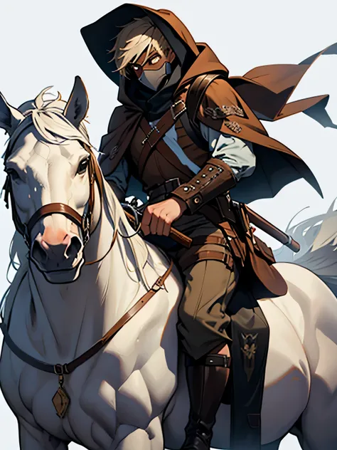 homem armado com capa marrom, hood and mask holding a musket in hand riding on a white horse
