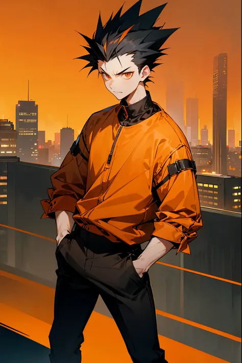 1male, black hair, spiked hair, fiery orange eyes, excited expression, modern clothing, orange accented clothing, graphic, ((city background)), (detailed background), hands in pockets