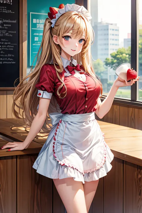 anime full design cute girl dressed as waitress serving coffee and holding strawberry in hand 