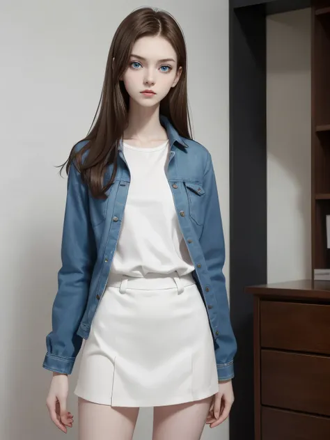 A girl woman, perfect slim body, (((19 years old))), stand formal pose and worried face, with porcelain pale skin and delicate features that give her a cute appearance. Her bright blue eyes sparkle with curiosity and wonder, while her long and sleek brown ...