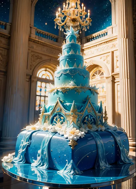 Here is the description of a detailed cake, extravagante e irrealista, with a blue and white color theme:

El pastel se eleva majestuosamente sobre la mesa, standing out for its imposing size and extravagant design. Su forma es la de una torre esbelta y el...