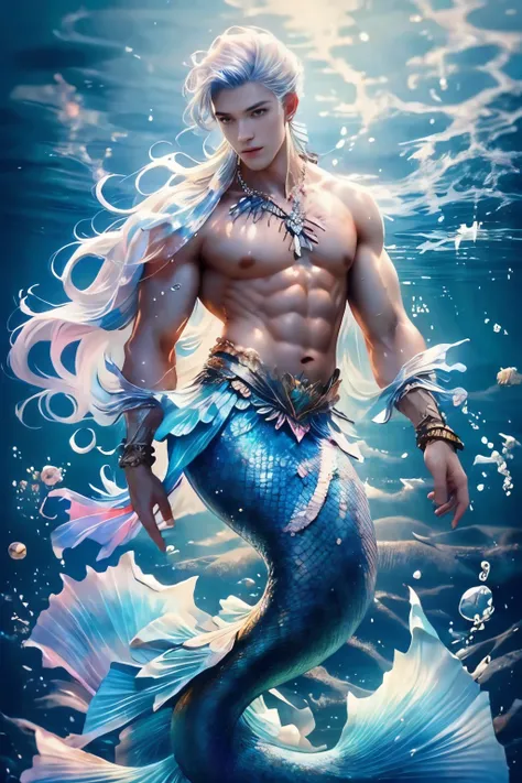 1 male mermaid, (male mermaid model) hot skin, masterpiece, top quality, most handsome merman in the world, by tham quan, perfec...