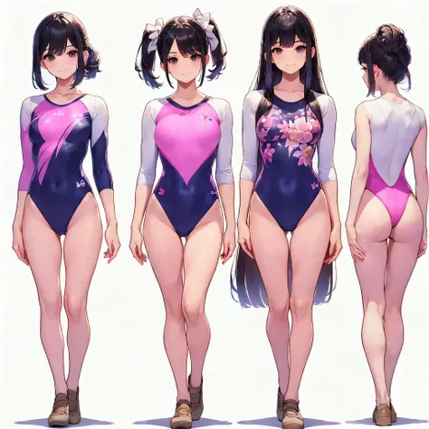 ((full body)),(masterpiece, highest quality), (3 girls 1.5) ,((contrasting:1.5)), looking at iniewer, walk,((in_arm:1.2)), wear gymnastics_longsleeines_leotard_outfit leotard:1.3),(pink leotard) ,(Floral:1.3), BREAK masterpiece black hair, ((long hair:1.2)...