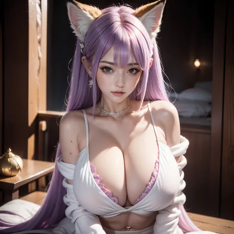 Fox ears purple hair girl，blushing,  accentuated super huge enormously gigantic tits, cleavage showing, tattoo sleeves and piercings,  sexy seductive slutty pose, fluffy fox ears，fox tails，No ears,  micro bikini and thong ，A beauty with only fox ears，Hair ...