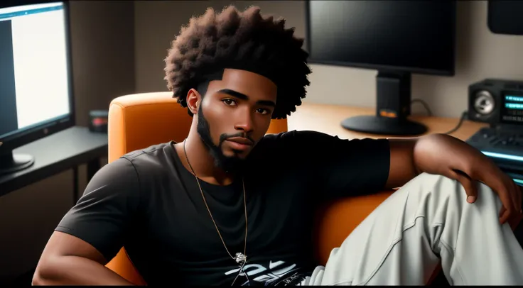 a young black man, beautiful black hair cut very low, well-groomed beard, light brown eyes 
that have a red color. Sitting in a comfortable gaming chair facing in a studio to record music for
 YouTubeof a young 
Afro-descendant with smooth skin, photoreali...