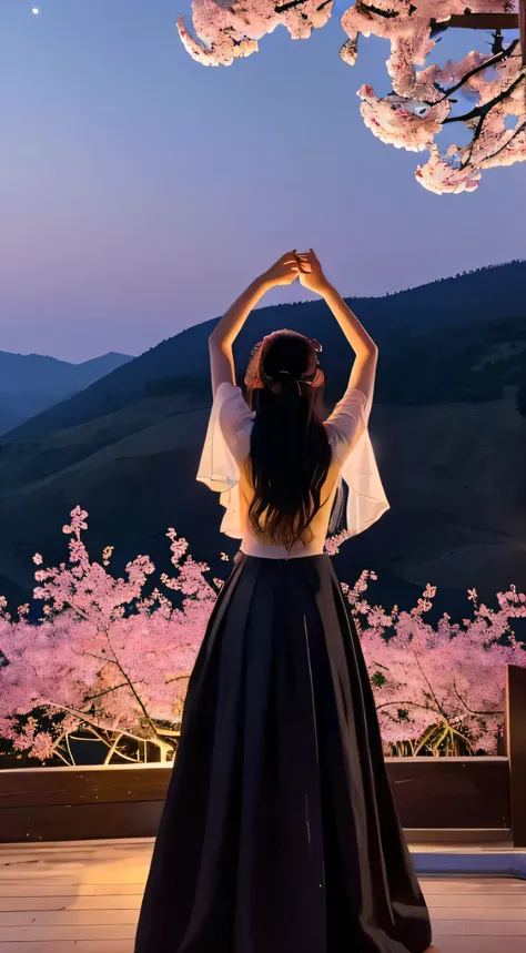 Amidst the tranquil night, a masterpiece of art unfolds as a woman, with long black hair cascading down her shoulders, stands before a breathtaking scene. The mountain range in the background, bathed in the soft glow of the full moon, reaches new heights o...