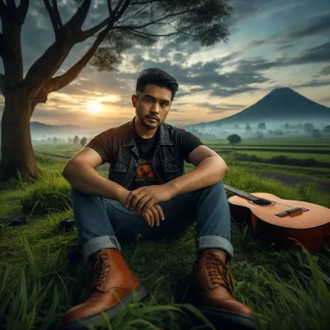 photo of an Indonesian man (((undercut hair, stubble, oval face, chubby body, wearing a black t-shirt faded denim jacket, trousers, brown shoes))). man sitting on green grass, near him there is a classical guitar, under a tree, against the background of a ...