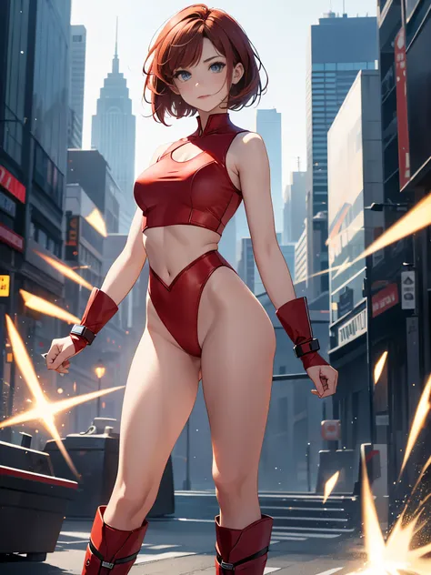 masterpiece, best quality, 1girl, medium breasts, leotard, red leotard with white accents, (sleeveless, midriff), bare legs, boots, matching boots, bracelets, city backdrop, solo, single, standing, full body shot, cowboy shot, beautiful detailed eyes, red ...