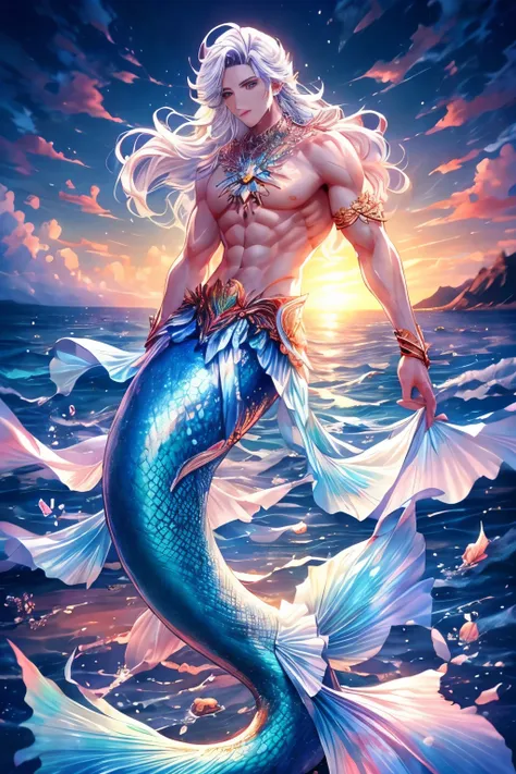 1 male mermaid, (male mermaid model) hot skin, masterpiece, top quality, most handsome merman in the world, by tham quan, perfec...