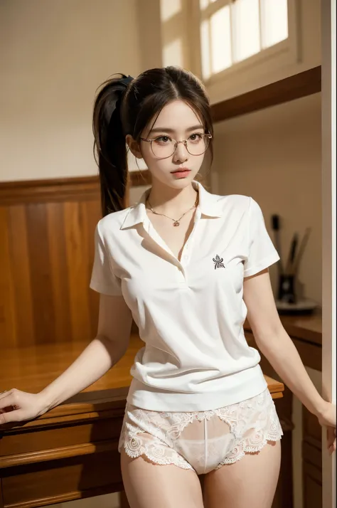 best quality, ultra detailed, masterpiece, illustration, 1girl, solo,glasses,realistic, looking at viewer, white collared shirt, short ponytail,lace underwear,slender legs,badminton racket, upper body,standing,from front,cowboy shot