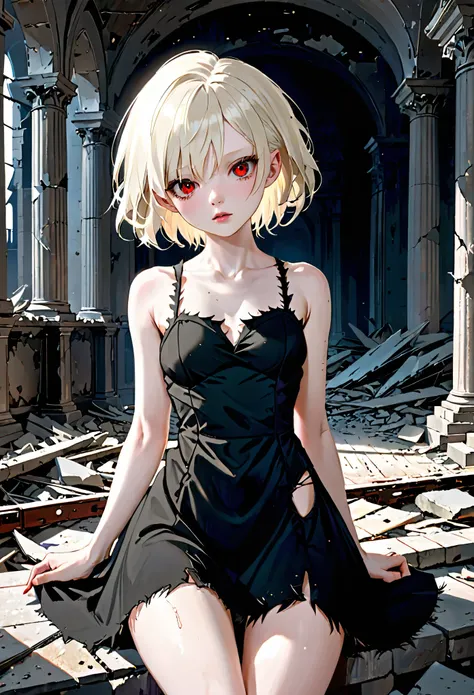 fit albino girl, impish, beautiful face, perfect red eyes, unfriendly, thighs, tattered frayed dress, night, modern ruins, indoo...