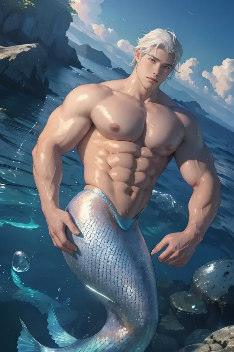 1 male mermaid, (male mermaid model) hot skin, masterpiece, top quality, most handsome merman in the world, by tham quan, perfec...