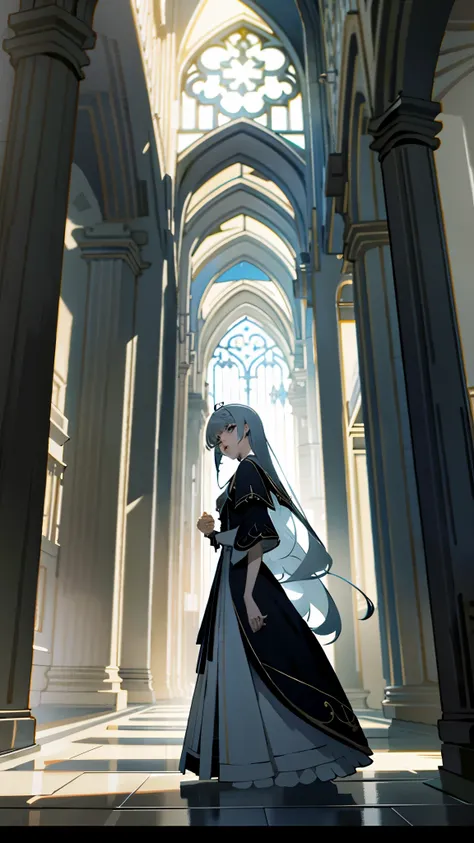 Person, walking in corridors, gloomy gothic cloister, tall columns and elaborately decorated arches, abasterpiece)), ((best quality)), ultra detailed,((illustration)), dynamic angle, detailed light, (delicate eyes), (ahoge:0.8),apathy, ray，frontage，style o...