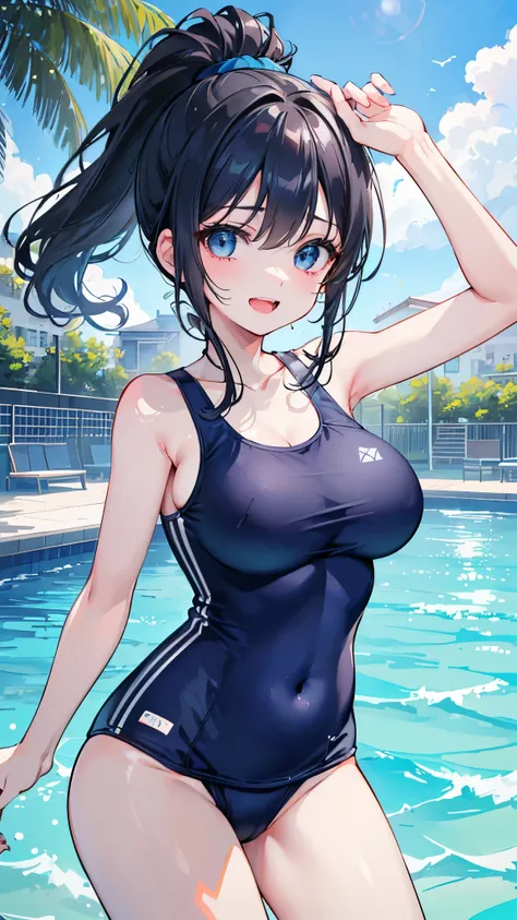 (8K、Highest image quality、highest quality、masterpiece)、detailed face、1 girl、black hair、ponytail、light blue eyes、smile、((open mouth))、very big breasts、((Navy blue school swimsuit))、cowboy shot、Blue sky、pool background