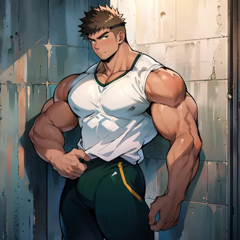 ((kunst im anime-stil)), extremely muscular male character, blasse haut, braune haare, green eyes, bodybuilder body, wearing a s...