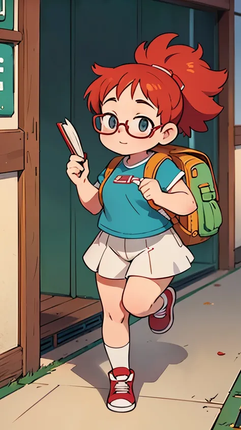 chubby white girl with red hair, glasses, running, backpack, books