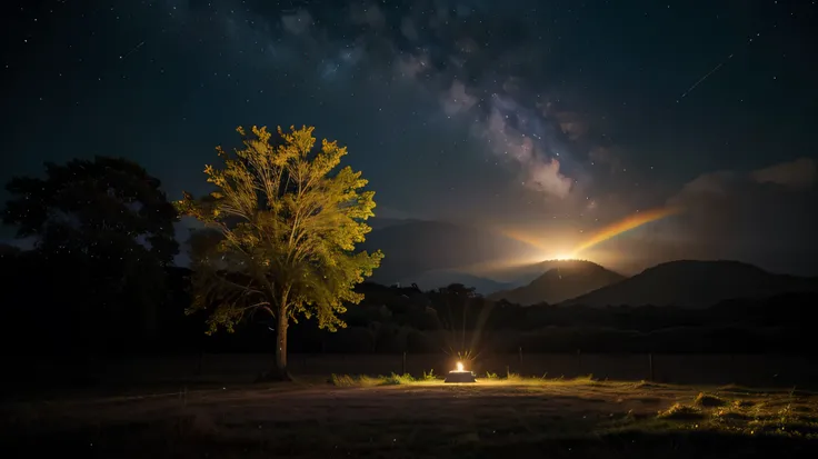 Uma foto de paisagem ampla (vista de baixo, the sky is above and the open field is below)Uma foto de paisagem ampla (vista de baixo, the sky is above and the open field is below),Uma Pessoa com o Corpo iluminado num campo de flores olhando para cima, Full ...