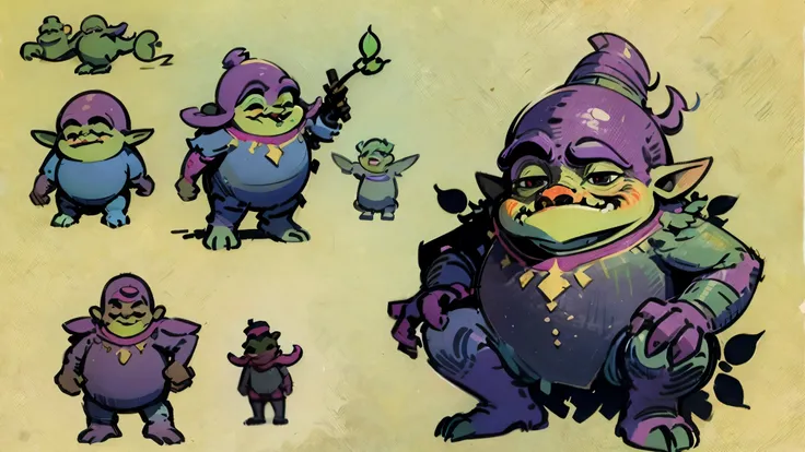 Concept art, sketch, simple style, pastel colours, Shrek, monster, goblin,