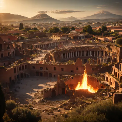 vesuvius erupts, incandescent lava submerges pompeii. roman ruins and wasted colosseum. dawn over ancient pompeii, ancient rome,...