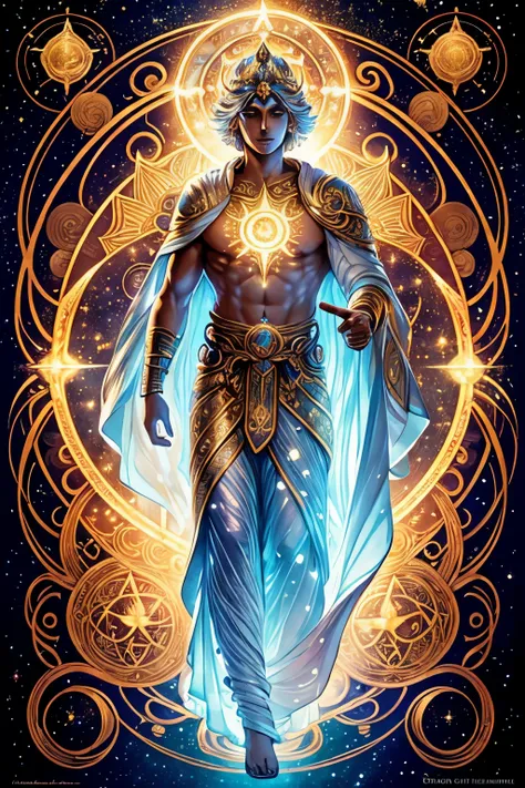 male figure. radiates with a luminous glow, like a celestial beacon in the cosmos.adorned with celestial symbols and tools, symb...