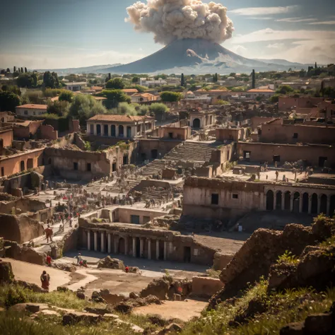 vesuvius erupts, incandescent lava submerges pompeii. roman ruins and wasted colosseum. dawn over ancient pompeii, ancient rome,...