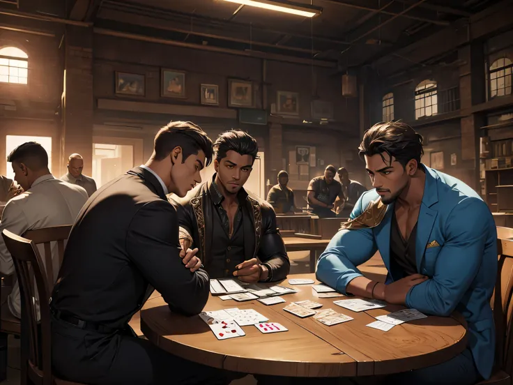 super fine illustration, Ultra high resolution, obra de arte, Mais alta qualidade, Perfect Lighting, Specific Lighting, dramatic shadow, rastreamento de raio, de homens de diferentes etnias, in squalid clothes, sentado em uma mesa, apostando em um jogo de ...