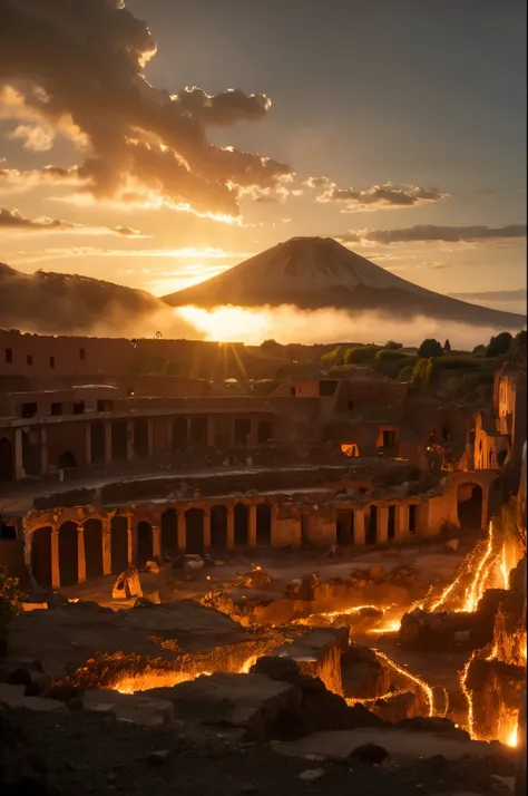 vesuvius erupts, incandescent lava submerges pompeii. roman ruins and wasted colosseum. dawn over ancient pompeii, ancient rome,...