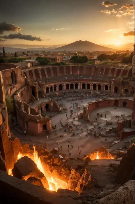 vesuvius erupts, incandescent lava submerges pompeii. roman ruins and wasted colosseum. dawn over ancient pompeii, ancient rome,...