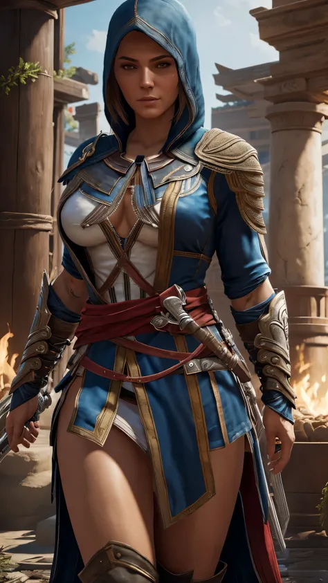 Very nsfw, extremely detailed Kassandra Assassins Creed Universe sexy pose, revealing clothing, 