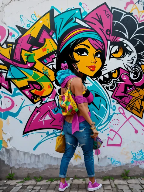 Mural, wall painting, graffiti on a wall. Graffiti mural with Brazilian women with gangster look with bandanas. Happy palette of colours. The cat is in the bag A girl is on the street looking at the mural. Scene illuminate