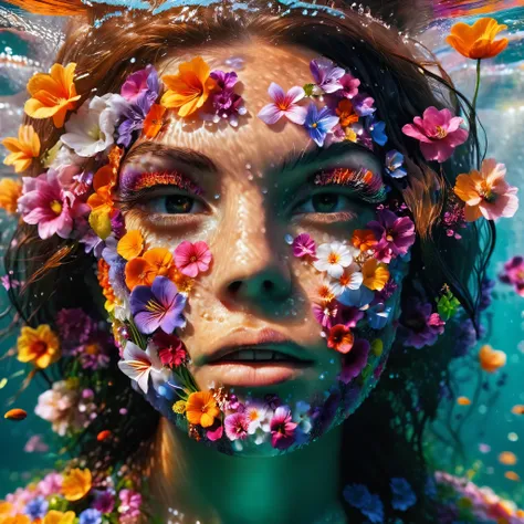 colorful, sea of flower.beautiful girl lffying iunderwater with a lot of flowers . dappled sunshine., underwater, wet cloth, wet...