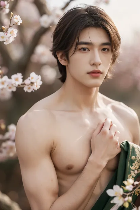 masterpiece,extremely detailed CG unity 8k wallpaper,1boy, beautiful, realistic, blurry, blurry_background, blurry_foreground, branch, brown_hair, plum blossom, depth_of_field, flower, nose, realistic, solo,chinese, completely naked,