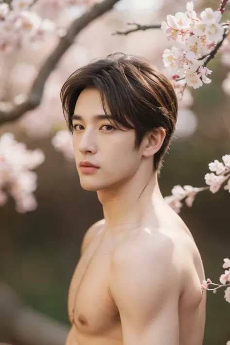 masterpiece,extremely detailed CG unity 8k wallpaper,1boy, beautiful, realistic, blurry, blurry_background, blurry_foreground, branch, brown_hair, plum blossom, depth_of_field, flower, nose, realistic, solo,chinese, completely naked,