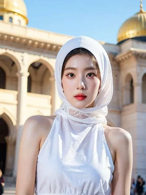 [Raw Photo :1.2], Photorealistic, Best Quality, [masterpiece:1.6], Fine Detail, Dynamic Lighting, Ray Tracing, 1 beautiful girl, center of a large palace, open space with a white marble architecture, wearing a long black dress with intricate patterns and h...