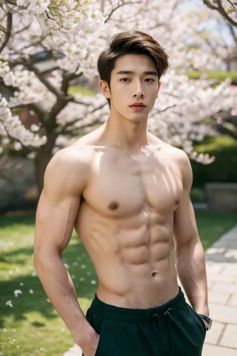 top quality,masterpiece,ultra high resolution,(realistic: 1.4),1 person,handsome young man, 20 years old, brown hair,,Pectoral muscles perfect,6-pack abs,thin waist,Slender figure, wearing only a micro thong, White skin stands under the cherry blossom tree...