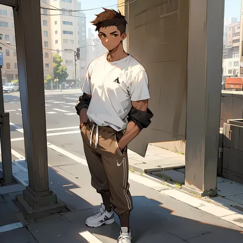 undercut hair, white shirt, young male, brown eyes, morning, pale brown hair color, street level background, caramel skin tone, white jordans, dark skin tone, grey nike pants, standing still, arms in pockets, muscular, looking at camera